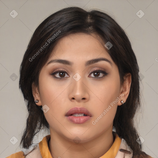 Neutral asian young-adult female with medium  brown hair and brown eyes