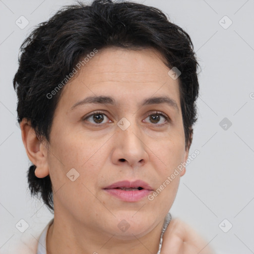 Joyful white adult female with short  brown hair and brown eyes