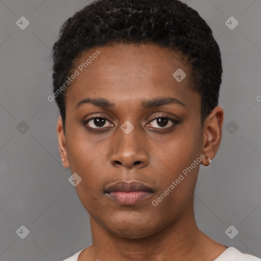 Neutral black young-adult male with short  black hair and brown eyes