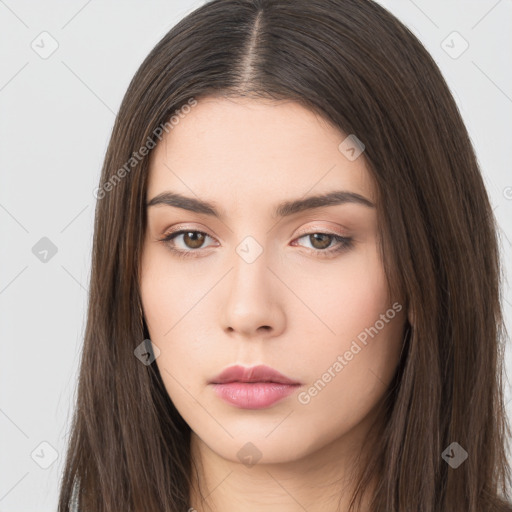 Neutral asian young-adult female with long  brown hair and brown eyes