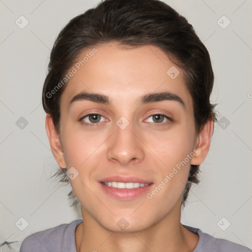 Joyful white young-adult female with medium  brown hair and brown eyes