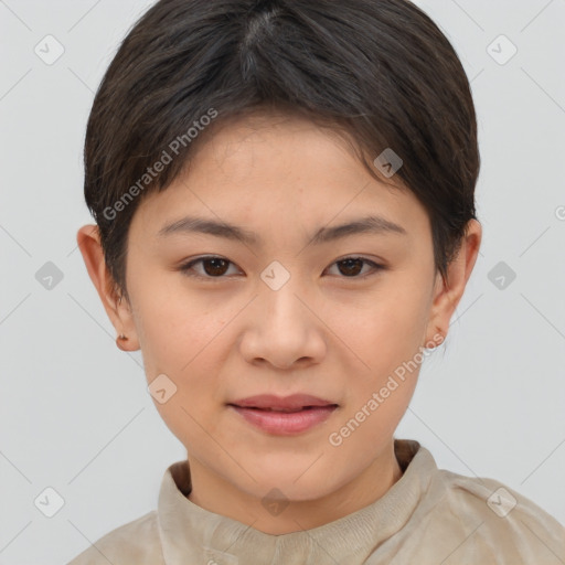 Joyful white child female with short  brown hair and brown eyes