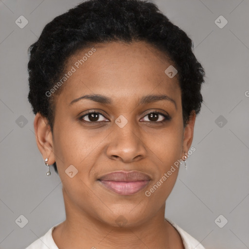 Joyful black young-adult female with short  brown hair and brown eyes