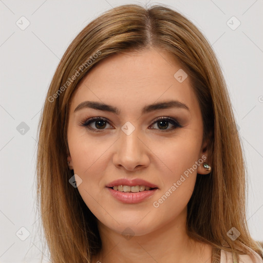 Joyful white young-adult female with long  brown hair and brown eyes