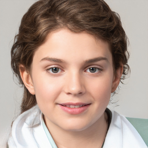 Joyful white child female with medium  brown hair and brown eyes