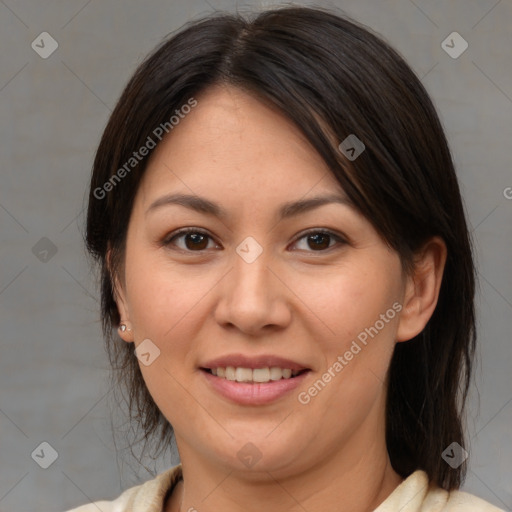 Joyful white adult female with medium  brown hair and brown eyes