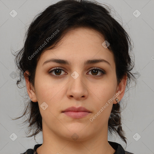 Neutral white young-adult female with medium  brown hair and brown eyes