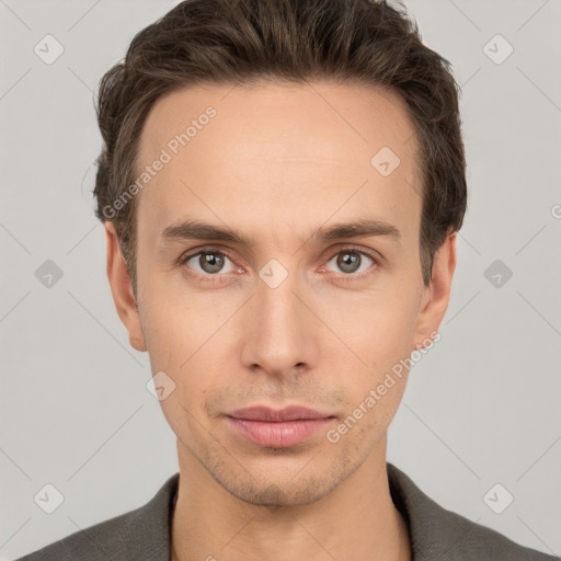 Neutral white young-adult male with short  brown hair and grey eyes