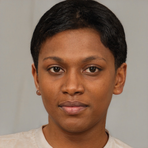 Neutral black young-adult female with short  black hair and brown eyes