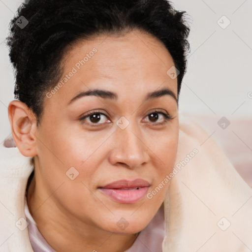 Joyful latino young-adult female with short  brown hair and brown eyes