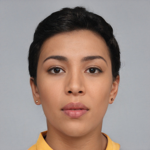 Neutral asian young-adult female with short  black hair and brown eyes