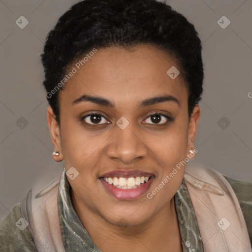 Joyful latino young-adult female with short  brown hair and brown eyes