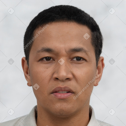 Neutral latino adult male with short  black hair and brown eyes