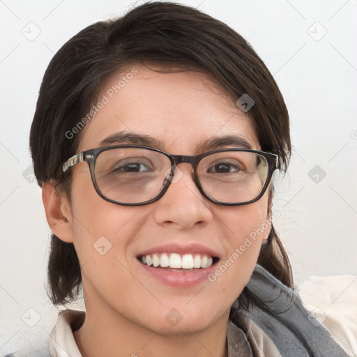 Joyful white young-adult female with medium  brown hair and brown eyes