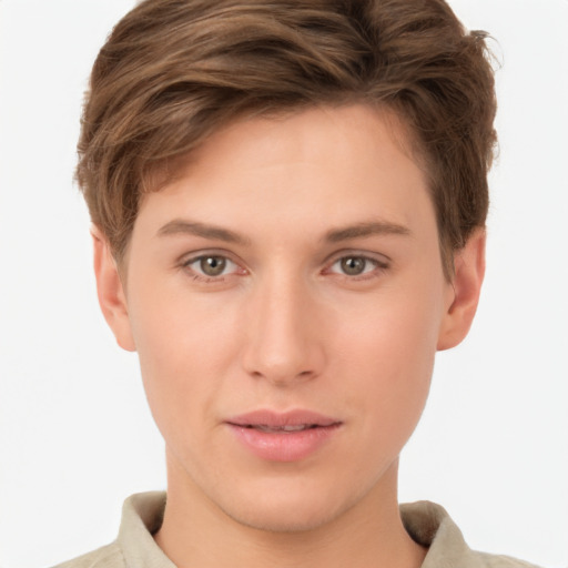 Neutral white young-adult female with short  brown hair and brown eyes