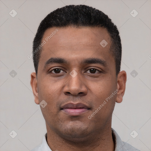 Neutral latino young-adult male with short  black hair and brown eyes