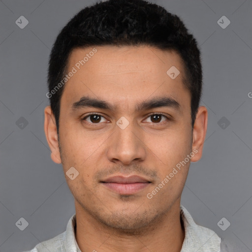 Neutral latino young-adult male with short  black hair and brown eyes