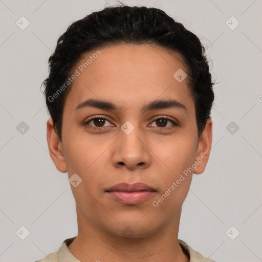 Neutral latino young-adult male with short  black hair and brown eyes