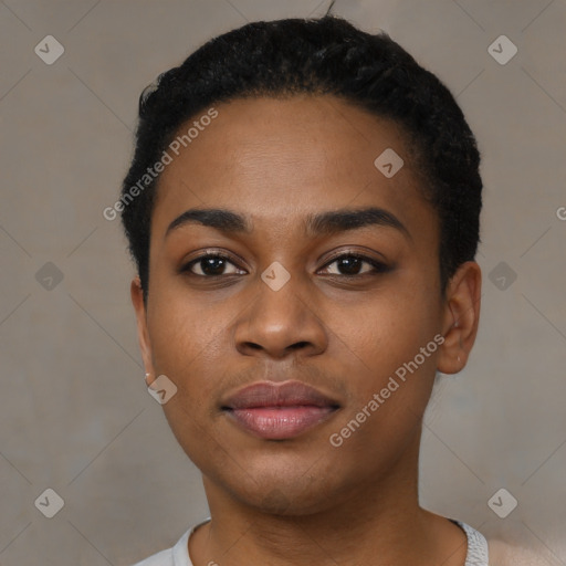 Neutral black young-adult female with short  black hair and brown eyes