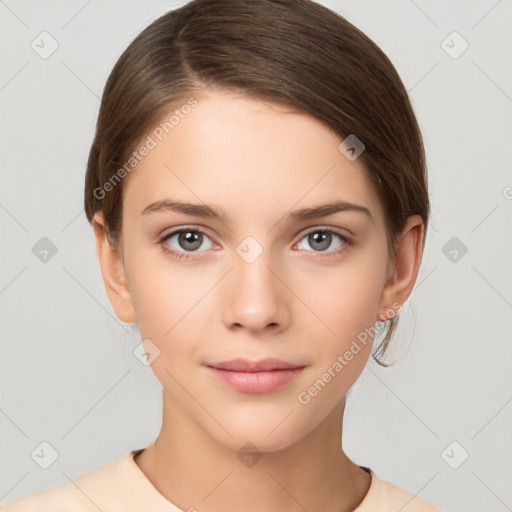 Neutral white young-adult female with short  brown hair and brown eyes