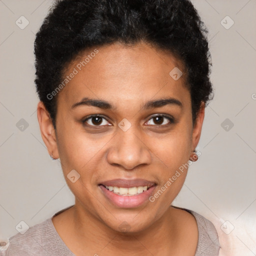 Joyful latino young-adult female with short  brown hair and brown eyes