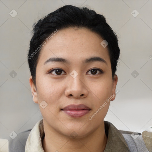 Neutral asian young-adult female with short  black hair and brown eyes