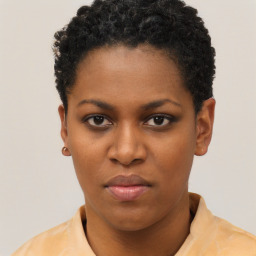 Neutral black young-adult female with short  black hair and brown eyes