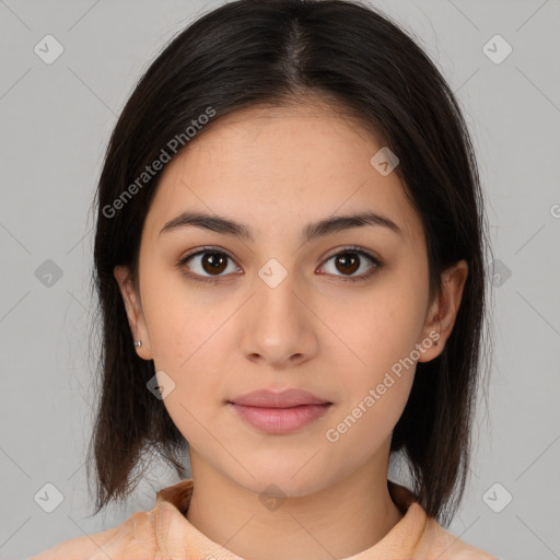 Neutral white young-adult female with medium  brown hair and brown eyes