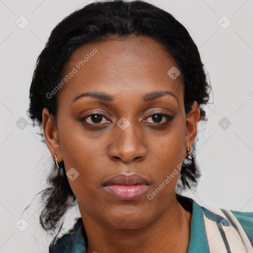 Neutral black young-adult female with medium  black hair and brown eyes