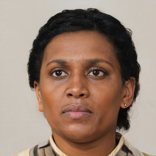 Neutral black young-adult female with short  black hair and brown eyes