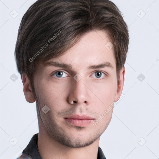 Neutral white young-adult male with short  brown hair and grey eyes