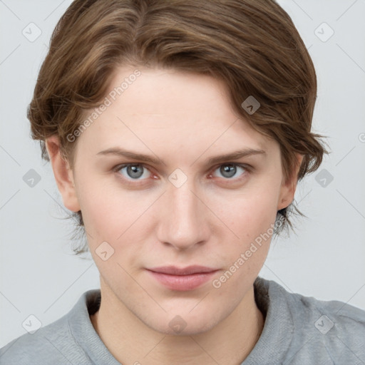 Joyful white young-adult female with short  brown hair and grey eyes