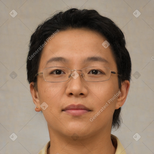 Neutral asian young-adult male with short  brown hair and brown eyes