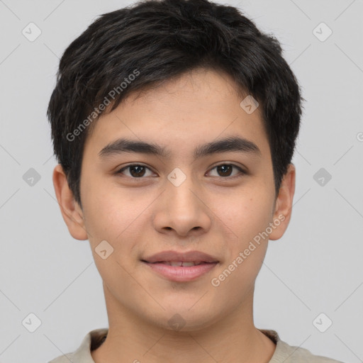 Joyful asian young-adult male with short  brown hair and brown eyes