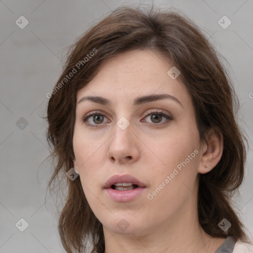 Neutral white young-adult female with medium  brown hair and brown eyes