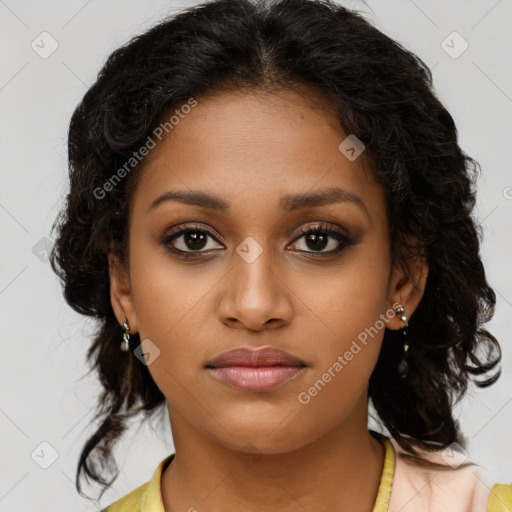 Joyful black young-adult female with long  brown hair and brown eyes