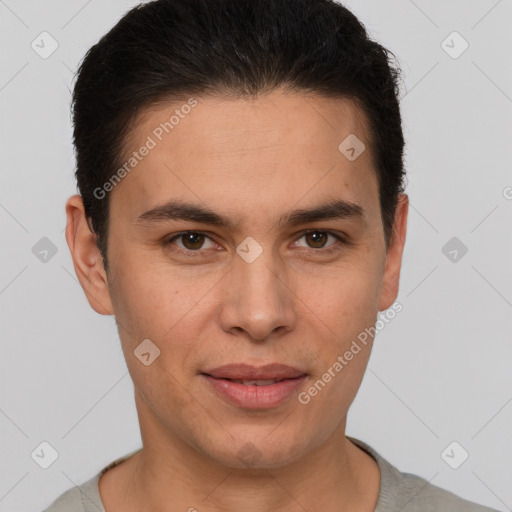 Joyful white young-adult male with short  brown hair and brown eyes