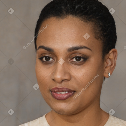 Joyful black young-adult female with short  black hair and brown eyes