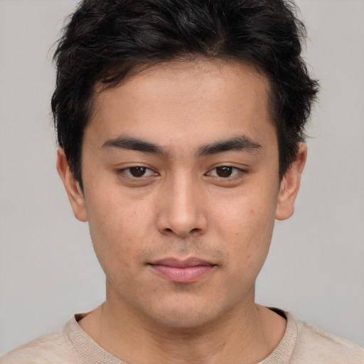 Neutral latino young-adult male with short  brown hair and brown eyes