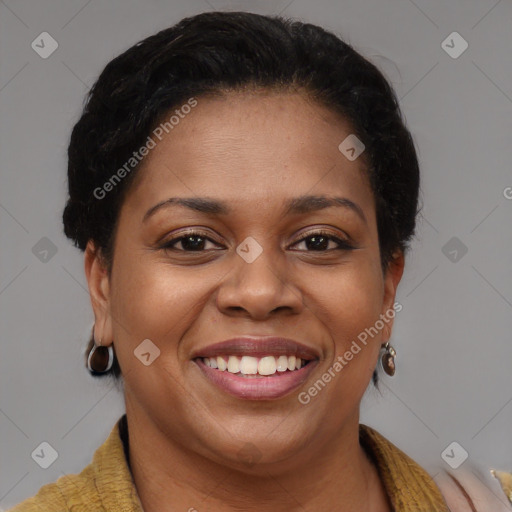 Joyful latino young-adult female with short  brown hair and brown eyes