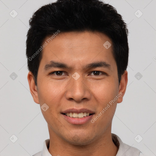 Joyful asian young-adult male with short  black hair and brown eyes