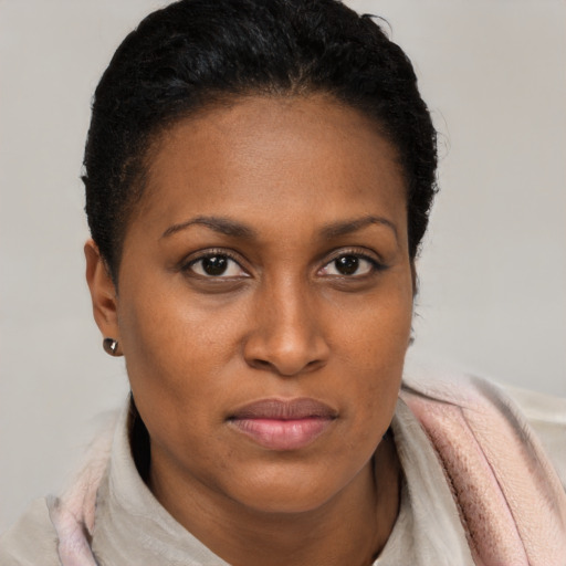 Joyful black young-adult female with short  brown hair and brown eyes