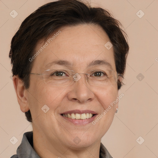 Joyful white adult female with short  brown hair and brown eyes