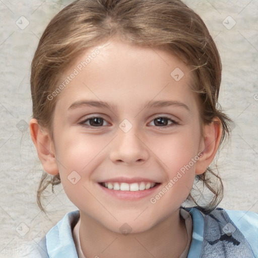 Joyful white child female with medium  brown hair and brown eyes