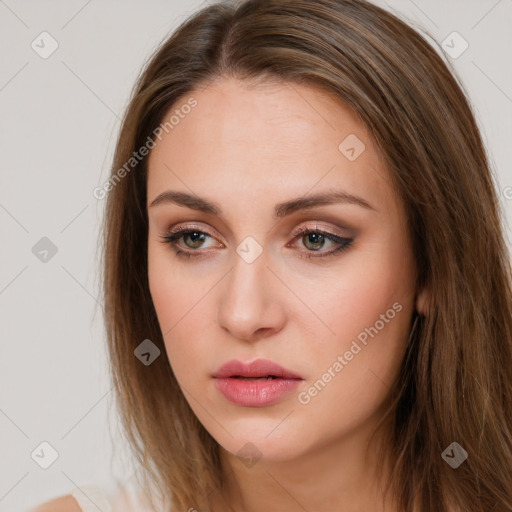 Neutral white young-adult female with long  brown hair and brown eyes