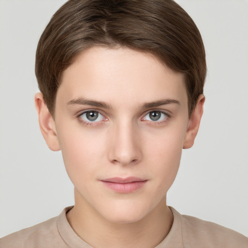 Neutral white young-adult female with short  brown hair and brown eyes