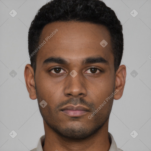 Neutral latino young-adult male with short  black hair and brown eyes