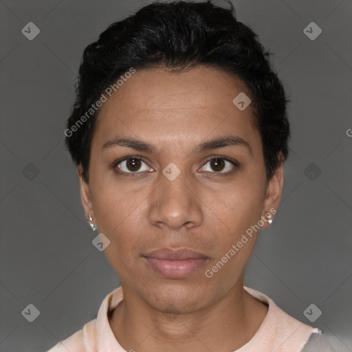 Neutral latino young-adult female with short  black hair and brown eyes