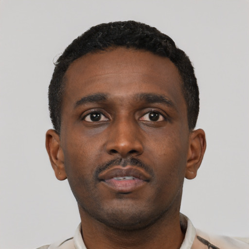 Neutral black young-adult male with short  black hair and brown eyes