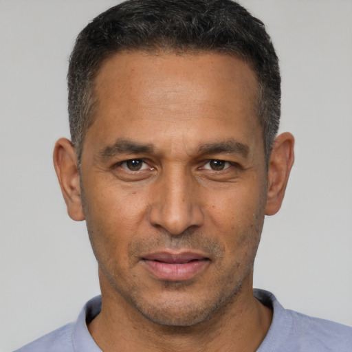 Neutral latino adult male with short  brown hair and brown eyes